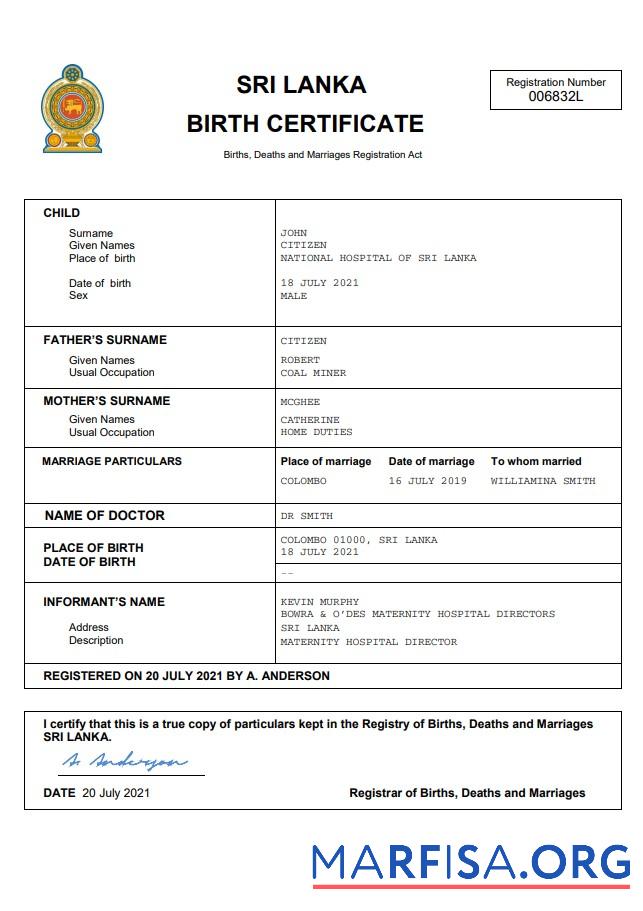 Blank Sri Lanka vital record birth certificate Word and PDF template